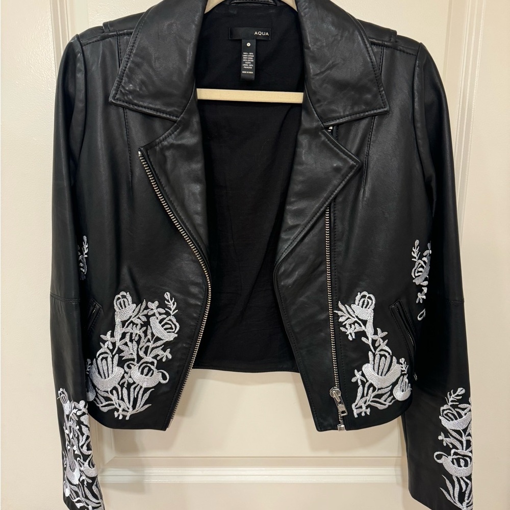 Aqua Black and White Leather Moto Jacket with Floral Design